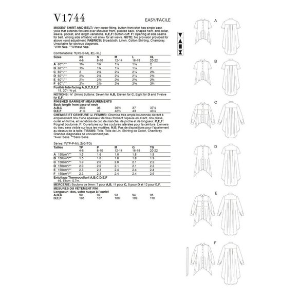 Vogue V1744 Misses L, XL Long Button Front Tunic Tops UNCUT Sewing Pattern - Picture 5 of 6